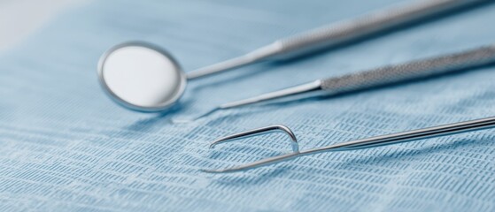 The dental instruments arranged on a blue surgical cloth for examination.