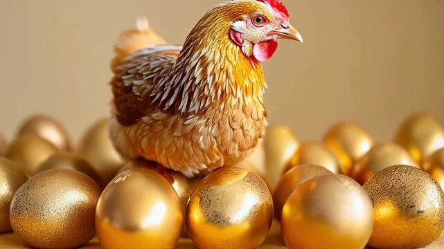 A chicken sitting on top of a pile of gold eggs