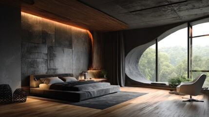 Modern bedroom with dark tones, a large curved window offering a lush forest view, and wooden flooring.  A low platform bed and armchair complete the scene