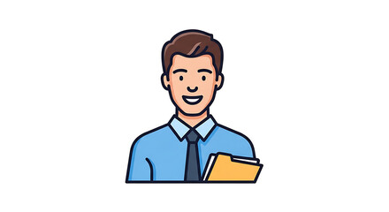 Cartoon man in a blue shirt and tie holding a yellow folder on a white isolated background vector ai generated