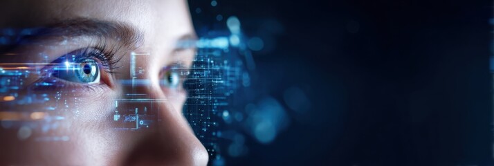 A close-up of a person's eye with digital data overlays, symbolizing AI, technology, and futuristic innovation.