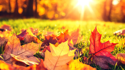 Colorful maple leaves lying on grass during sunset in autumn