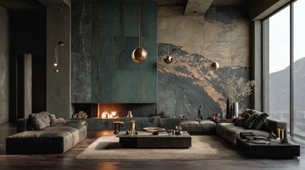 Living room with stone walls, large windows, dark furniture, and soft lighting