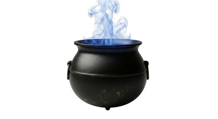Black cauldron with blue smoke emitting from the top isolated on transparent background