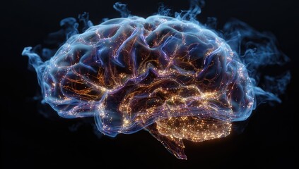 3D brain, glowing neural pathways