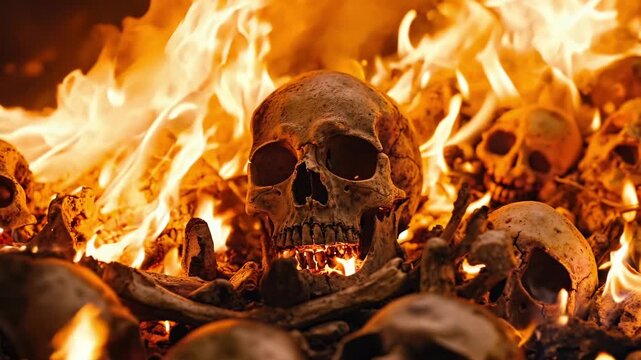 A pile of skulls in a pile of fire