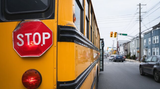 Yellow school bus stopped on urban street with red STOP sign extended lights flashing,ensuring child safety during student pickup while cars wait nearby,with traffic lights and buildings in background