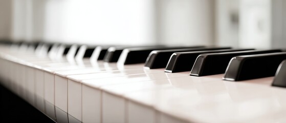 The elegant black and white keys of a classic piano in soft light.
