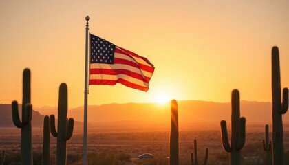American Pride: Flag waving amidst the Saguaro cactus in Arizona Desert at Sunset