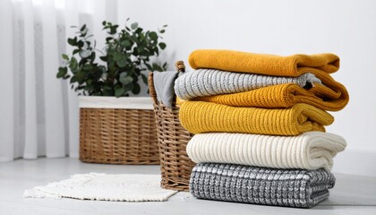 Neatly Stacked Knitwear in a Cozy Room Setting