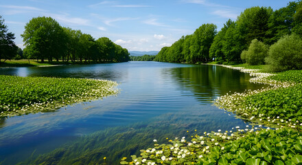 A river flows between green trees and lily pads on a sunny day