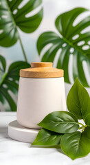 White jar with wooden lid and tropical green leaves on white surface