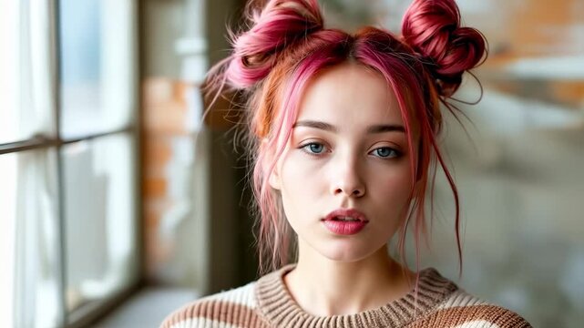 A woman with pink hair in a messy bun