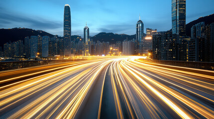 Fototapeta premium Urban skyline light trails cityscape night skyscrapers traffic motion illumination
