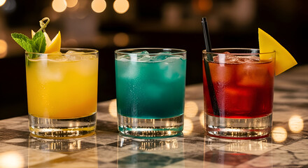Three colorful cocktails on a bar