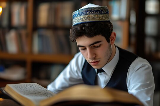 Young man wearing cap reading religious book in library