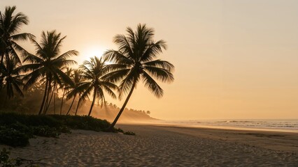 Obraz premium Tranquil Beach Sunset with Palm Trees – Golden Hour Scenic View