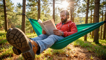 Man reading newspaper while relaxing in hammock in forest