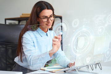 Businesswoman Interacting With Virtual Interface, Engaged In Data Analysis And Cybersecurity Simulation, Highlighting Innovation, Technology Integration, And Digital Transformation