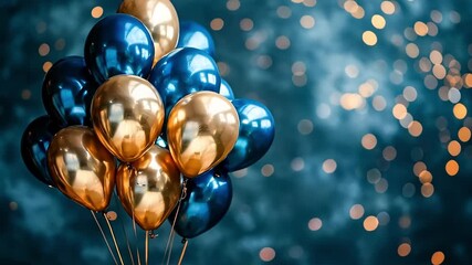 A bunch of blue and gold balloons on a blue background - Powered by Adobe