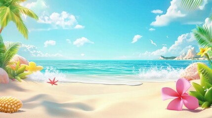 Summer time vector background design. It's summer time text in beach outdoor with sand, sea and tropical elements for fun sunny season