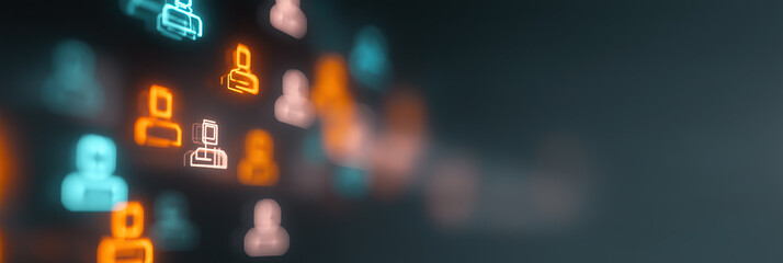 blurred Glowing human icons represent digital networking and professional community connections.