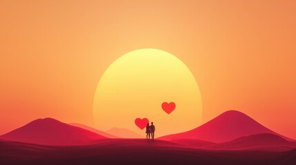 Romantic Sunset Scene with Couple Holding Hands Against Scenic Background