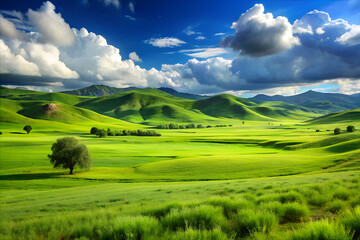 Obraz premium lush grassland, clear sky with clouds, summer meadow, tranquil outdoor scene, green nature view, bright sky landscape, 