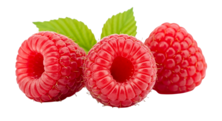 Three ripe red raspberries with green leaves isolated on transparent background