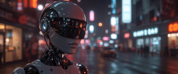 Cybernetic Gaze. Robots Reflection of a Futuristic Cityscape, Night Scene.
