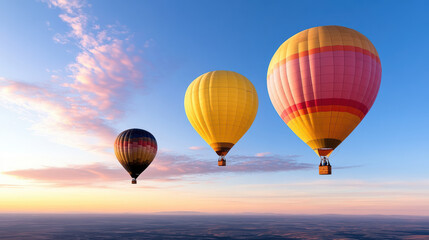 Fototapeta premium Colorful hot air balloons rise into serene twilight sky, creating peaceful atmosphere
