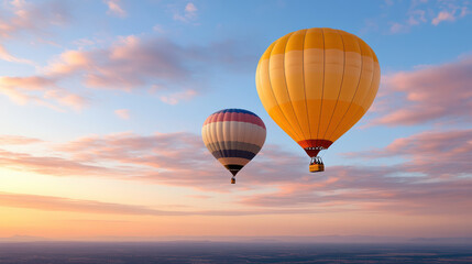 Fototapeta premium Hot air balloons float gracefully in colorful twilight sky, creating serene atmosphere