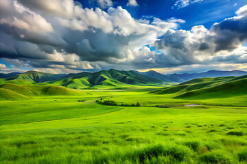 Fototapeta premium clear sky with clouds, summer meadow, tranquil outdoor scene, green nature view, bright sky landscape, natural grass field, daylight sky, rural scenery, open meadow