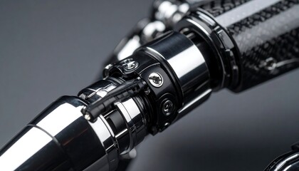 Sleek chrome robotic arm with carbon fiber detailing showcases innovative futuristic technology design