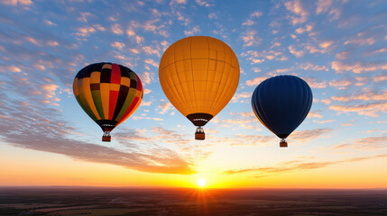 Fototapeta premium Colorful hot air balloons soaring against vibrant sunset sky, creating serene atmosphere