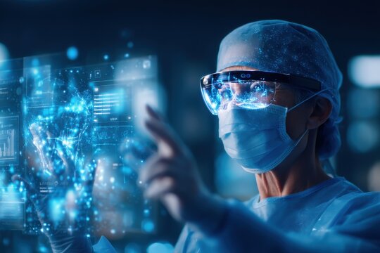 A surgeon in protective gear uses futuristic transparent touchscreen technology in a high-tech medical environment.
