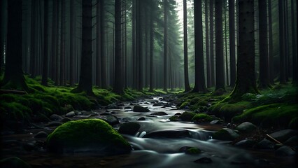 Obraz premium Misty forest stream with mossy rocks and tall trees