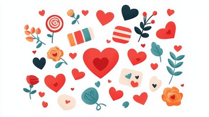 Whimsical Love Symbols with Hearts and Flowers for Romantic Designs and Media