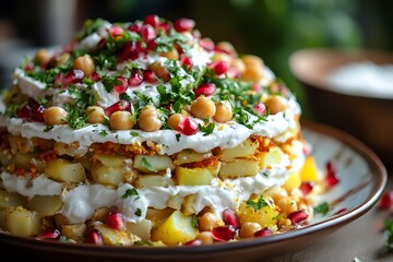 Papri Chaat beautifully layered with yogurt, papris, chickpeas, potatoes, and garnished with pomegranate seeds 