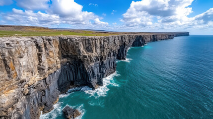 Majestic black basalt column cliffs rise above crashing waves, showcasing nature beauty