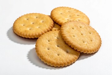 A small pile of round golden crackers with a ruffled edge isolated on white background