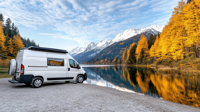 Camper van parked near scenic lake reflects stunning autumn landscape with mountains - Powered by Adobe