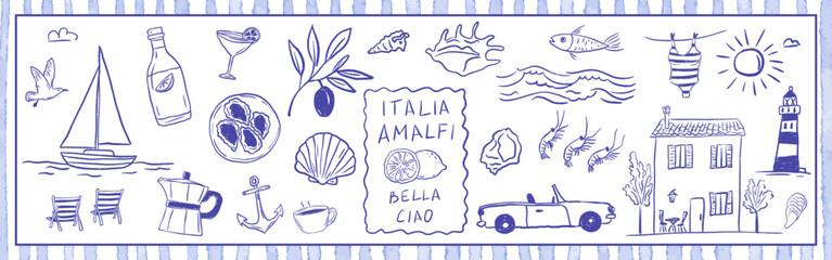 Charming Italian coastal life scene with fresh seafood, car, lighthouse, oyster, limoncello and boat. Mediterranean symbols with summer vacation mood. Relaxed crayon sketch vector illustration.