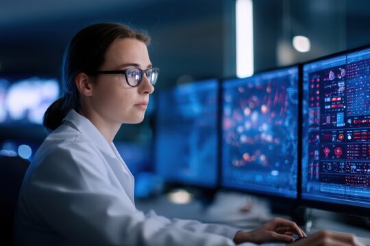 A focused female scientist analyzes complex data on multiple monitors in a high-tech laboratory environment.