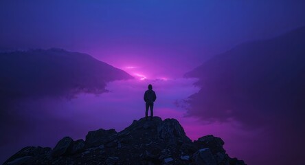 Silhouette on a Mountain Peak Under a Stormy, Electric Sky, Showing Bravery.