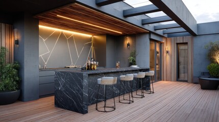 Modern outdoor kitchen with bar-style seating on a rooftop deck with plants