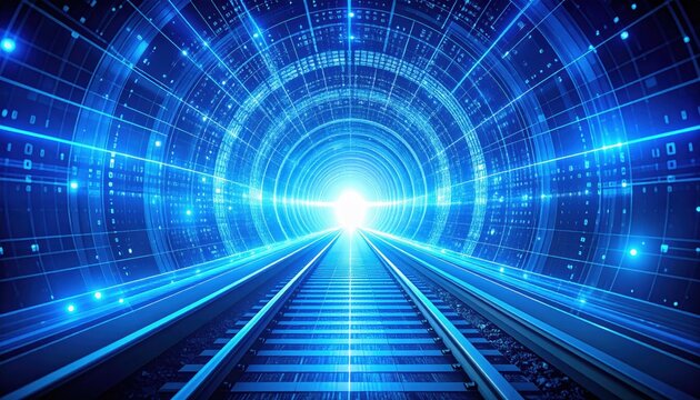 A glowing digital tunnel with railway tracks extending toward a bright light, symbolizing futuristic technology and data transmission.