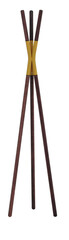 Stylish freestanding coat rack featuring a tripod structure with wooden legs and a sleek metal connector in black or yellow. This modern and minimalist clothes stand blends natural materials