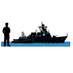 Naval Officer with Destroyer and Patrol Boat Silhouettes