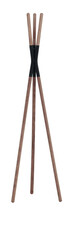 Stylish freestanding coat rack featuring a tripod structure with wooden legs and a sleek metal connector in black or yellow. This modern and minimalist clothes stand blends natural materials